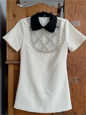 Ivory Mini Dress with Black Peter Pan Collar and Crystal Bib